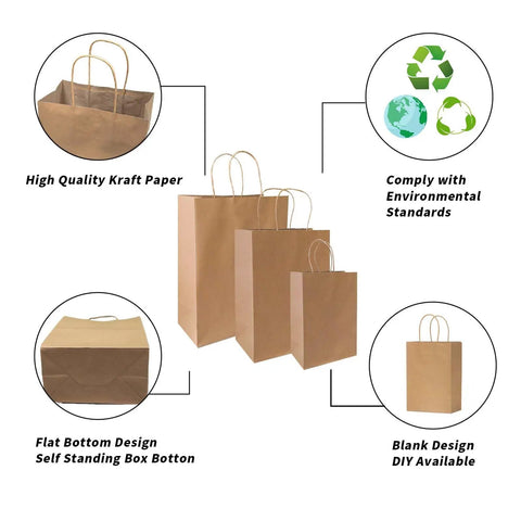 Kraft Paper Gift Bags With Handles 120 Pack Assorted Sizes Small Medium Large For Weddings Birthdays Parties and Retail inside badges around features
