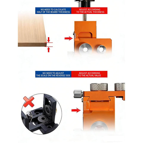 Double Hole Punch Locator Drill Positioning Jig with adjustable clamp, used for woodworking and furniture assembly, in aluminum alloy.