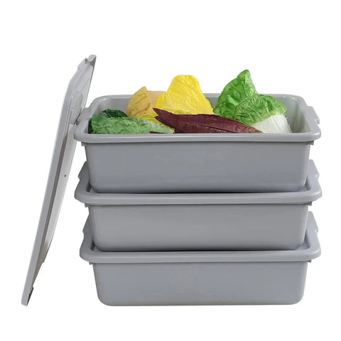 Stacked Three Pack Commercial Bus Tubs With Lids 13 Liter Meat Tubs Food Grade PP Heavy Duty Stackable Dustproof Containers with lettuce inside