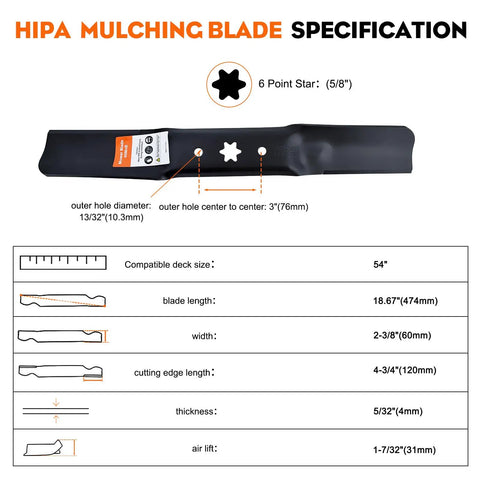 3-Pack High Lift Mower Blades 6-Point Star Set For Cub Cadet ZT1 54 Inch Cutting Deck Lawn Mower, specifications diagram