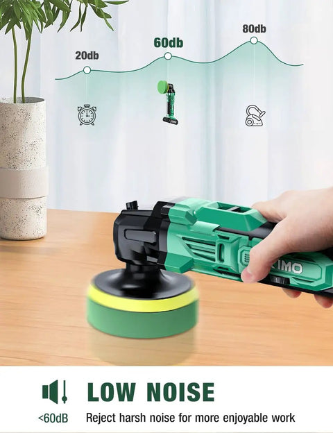 Cordless Car Polisher Kit With 20V Power, 6 Variable Speeds Up To 3634 RPM, green polisher in use, noise level comparison chart