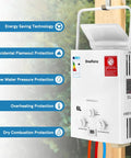 Portable Tankless Gas Water Heater 6L 1.59GPM LPG Propane Butane for Outdoor Use RV Camping and Cabin White with safety features