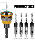 Front view of Amazon 4-piece HCS countersink drill bit set with adjustable depth stop and L-shaped wrench.