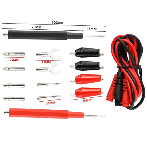Digital Multimeter Probe Kit With 16 Piece Needle Tip Probes Insulated Clips And Test Pens For 4mm Meters In Card Slot 1000V Rated Versatile Measurement Accessory Kit displayed with red and black probes and cables.