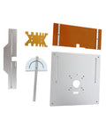 Heavy Duty Aluminum Router Table Insert Plate Set For Woodworking Benches including components and clear scale markings.