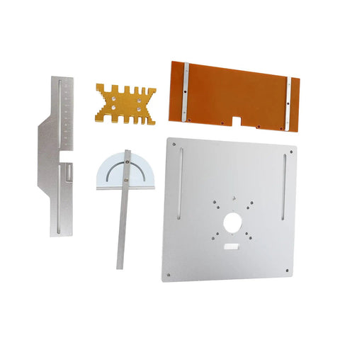 Heavy Duty Aluminum Router Table Insert Plate Set For Woodworking Benches including components and clear scale markings.