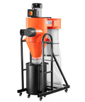 VEVOR 1.5HP Cyclone Dust Collector, 763 CFM High Suction Power with orange body and black base stand.