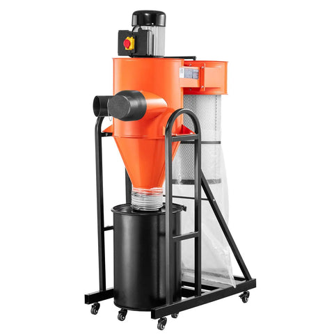 VEVOR 1.5HP Cyclone Dust Collector, 763 CFM High Suction Power with orange body and black base stand.