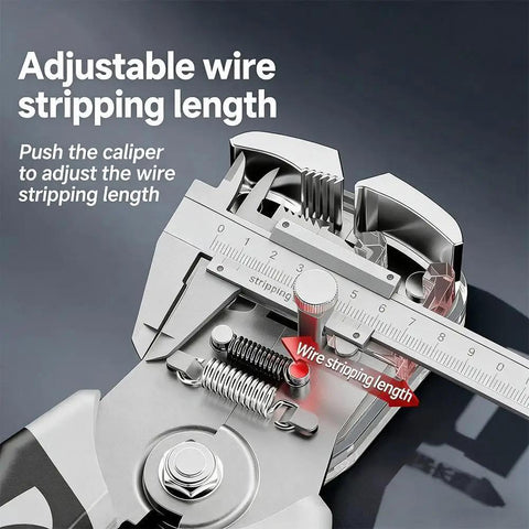 Close-up of adjustable wire stripping mechanism on Heavy Duty Automatic Wire Stripper And Crimping Pliers, highlighting precision settings.