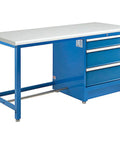 72 Inch Heavy Duty Modular Workbench With Welded Steel Frame And Three Locking Drawer Cabinets Featuring ESD Safe Laminate Top for garage shops, blue color.
