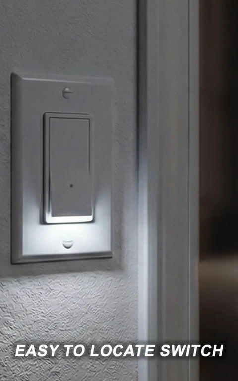 Illuminated Night Light Wall Switch Pack, Single Pole, 15A 120/277V, 3 Wire Grounding, Glossy White in a hallway scene