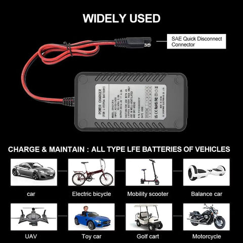 Heavy Duty 14.6V 4A LiFePO4 Smart Battery Charger And Maintainer Featuring Led Readouts And Sae Connectors For Cars Golf Carts Drones And Boats Etl Certified No Fuss Zero Volt Recovery Rig with SAE quick disconnect connector.