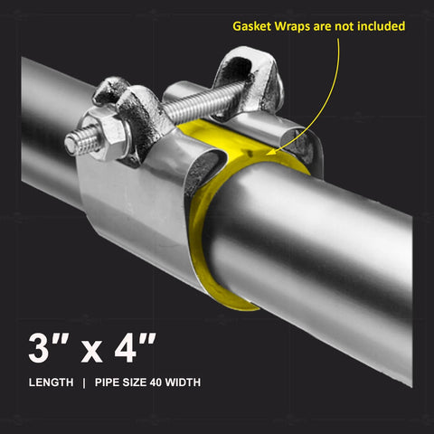 Installed stainless steel pipe repair clamp with single bolt and yellow gasket on a metal pipe (3 in long, fits 4 in pipe)