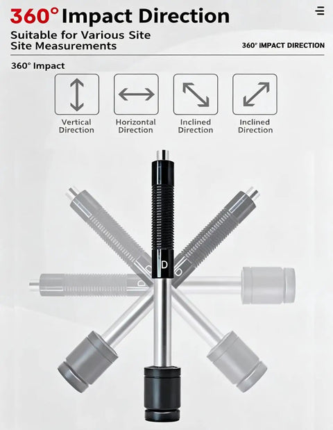 Pro Grade Leeb Hardness Tester Meter 170 To 960 HLD for Metals Durometer Tester With HL HB HRB HRC HRA HV HS Scales Includes Standard D Type Impact Device And D Test Block For Steel Iron Bronze Copper And 10 Materials. 360° D-type impact device for vertical, horizontal, and inclined measurements
