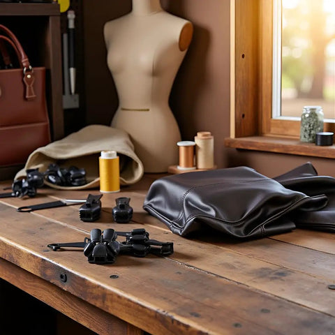 12 Piece Black Zipper Repair Kit With Removable Sliders on wooden table with sewing materials and mannequin in background