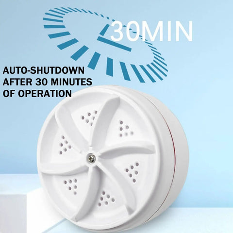 Hella Compact Mini Portable USB Washing Machine For Laundry And Dishes Ultrasonic Sink Turbo Washer showing auto-shutdown timer details on device