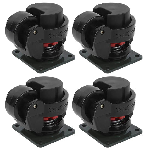 Built Different Heavy Duty Level Adjustable Roller Casters, 1100 Lb Capacity Machine Movers And Work Table Gliders, close-up of four black wheel casters.