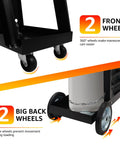 Close-up of Heavy Duty Welding Cart For MIG TIG Welders And Plasma Cutters With 3 Tilt Table Layers showing 360 degree front wheels