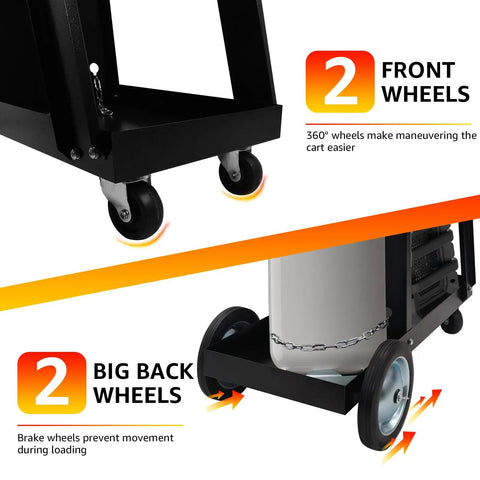Close-up of Heavy Duty Welding Cart For MIG TIG Welders And Plasma Cutters With 3 Tilt Table Layers showing 360 degree front wheels
