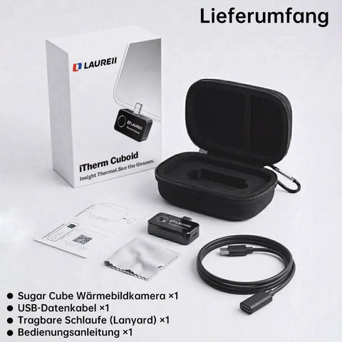 Grab And Go Portable Android Type C Thermal Camera 128 By 96 IR Resolution With Plug And Play Home Inspection Ready For HVAC Auto And Pet Detection Clear Thermal Imaging And Real Time Temperature Readouts. Lieferumfang, USB-C cable, case, and manual
