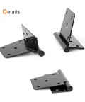 Hard As Nails Black Iron Hinges 4.5 Inch For Heavy Outdoor Gates Rust Proof Finish Fits Barn Shed Fence Or Wood Doors No Sweat Install Top Shelf Pair Set showing three angles of the sturdy black hinge.