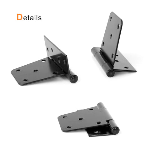 Hard As Nails Black Iron Hinges 4.5 Inch For Heavy Outdoor Gates Rust Proof Finish Fits Barn Shed Fence Or Wood Doors No Sweat Install Top Shelf Pair Set showing three angles of the sturdy black hinge.