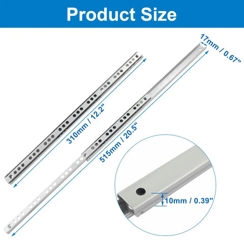 Size diagram of 12 Inch Narrow Drawer Slides Two Way Ball Bearing Slim Metal Drawer Rails with measurements in inches and mm