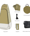 Easy Pop Up Camping Shower Tent With Privacy Changing Room For Outdoor Bathroom Army Green Portable Toilet With Rain Cover Mesh Window And PE Floor Mat Spacious 47.2 Inch L By 47.2 Inch W By 81.5 Inch H components displayed.