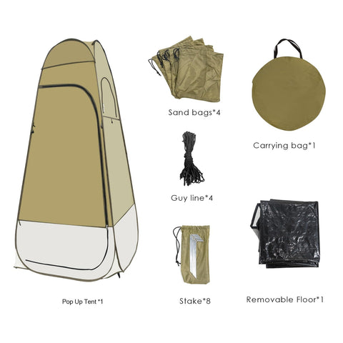 Easy Pop Up Camping Shower Tent With Privacy Changing Room For Outdoor Bathroom Army Green Portable Toilet With Rain Cover Mesh Window And PE Floor Mat Spacious 47.2 Inch L By 47.2 Inch W By 81.5 Inch H components displayed.