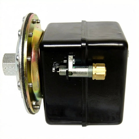 Beefy Heavy Duty Air Compressor Pressure Switch For Fire Sprinkler Systems, 69HAU3 Model, Three Eighths Inch Female NPT With Pulsation Orifice, 250 PSI Max, 5 HP, Industrial Quality Switch Replaces 1401079 black pressure switch side view