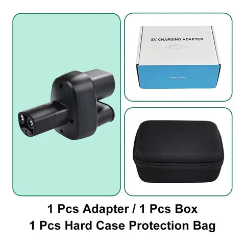 CCS2 To Type 2 To NACS Adapter 250KW EV Charger Plug For Tesla Models in black, includes hard case and box.