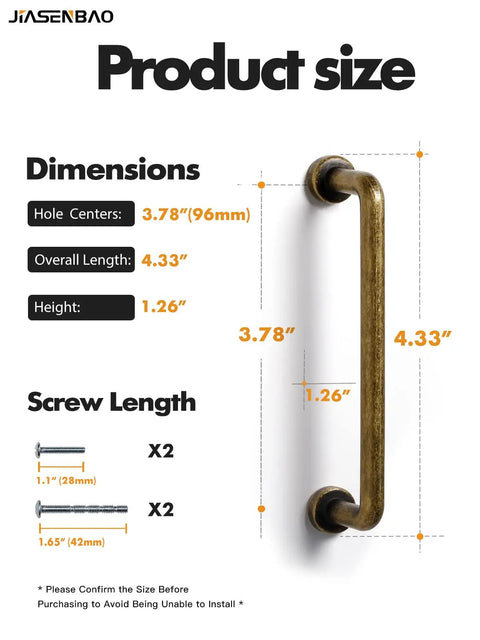 Diagram showing Antique Brass Cabinet Pulls Set 3.78 Inch Center To Center 10 Pack Classic Vintage Drawer Handles with dimensions.