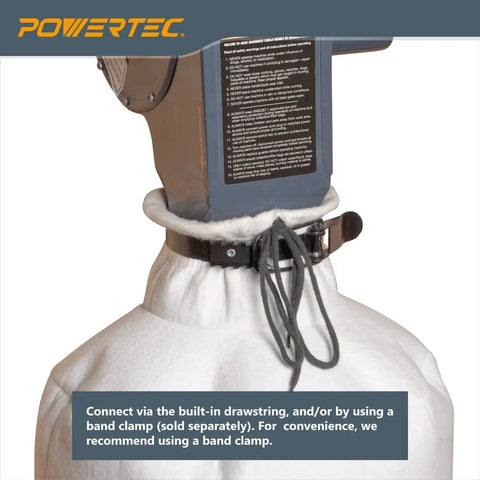 Pro Grade 1-Micron Dust Filter Bag For Wall Mount Dust Collectors attached with drawstring and band clamp
