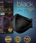 KF94 Black Face Mask Set, Breathable Reusable 4-Ply Cloth Masks, Individually Wrapped, Adjustable Ear Loops Nose Wire, All Day Comfort, Made In Korea, 20 Pack displayed on packaging with mask in front.