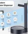 Modern water dispenser with features highlighted, part of Water Dispenser And Mini Fridge All In One For Bedroom Nightstand And Office Quick Access To Cold Water With 4L Fridge And 3 5L Storage Container Black Finish Dishwasher Safe Hydration Station For Home Or Work.