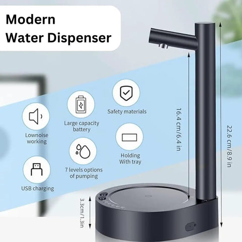 Modern water dispenser with features highlighted, part of Water Dispenser And Mini Fridge All In One For Bedroom Nightstand And Office Quick Access To Cold Water With 4L Fridge And 3 5L Storage Container Black Finish Dishwasher Safe Hydration Station For Home Or Work.