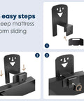 Adjustable Non Slip Mattress Grips Six Piece Set illustration showing three easy steps to secure mattress, featuring cartoon smiles.