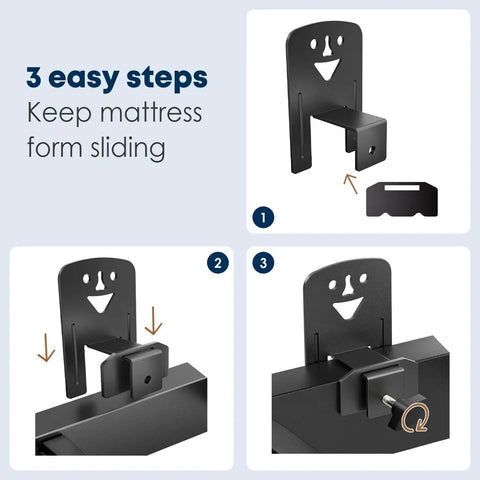 Adjustable Non Slip Mattress Grips Six Piece Set illustration showing three easy steps to secure mattress, featuring cartoon smiles.