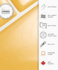 DIY Friendly Peel and Stick Backsplash Tiles, detail shows yellow tile and features like easy install, humidity resistant, made in Canada.