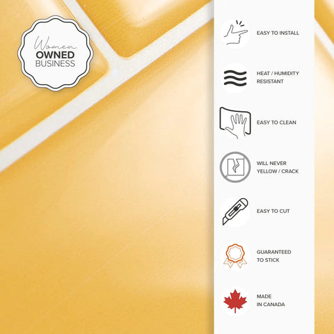 DIY Friendly Peel and Stick Backsplash Tiles, detail shows yellow tile and features like easy install, humidity resistant, made in Canada.