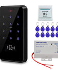 Outdoor Door Access Control System Kit IP68 Waterproof RFID Keypad Card Reader with 10 keyfobs, power supply, and exit button.