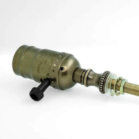 Bronze-colored component from Lamp Repair Hardware Set With All Thread Pipe Rods Nipples Coupling Connectors Switch Knobs Washers And Lock Nuts In Bronze Color Includes 12 Inch Lamp Rod Kit, side view.
