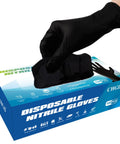 Hand reaching for Heavy Duty Black Nitrile Disposable Gloves 100 Count box showcasing textured latex free exam wear.