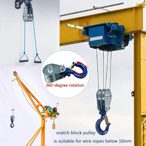 1 Ton Double Pulley Snatch Block With Hook Heavy Duty Wire Rope Lifting Pulley For Traction Trucks And Trolleys Safe Anti Disengagement Design Galvanized Steel Construction Bearings Built In used on crane and hoist