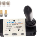 Hand Lever Pneumatic Valve With Quarter Inch Port Five Three Way Closed Center Workhorse Manual Control Direct Acting Aluminum Body Air Valve For Pneumatics Operating Range 0 To 116 Psi Temperature Minus Twenty To Seventy Celsius, shown with PT1/4 connections and lever handle.