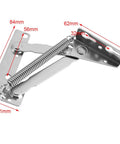 Beefy Heavy Duty 80 Degree Spring Hinge in stainless steel with measurements for cabinets and doors, featuring a silent hydraulic buffer.