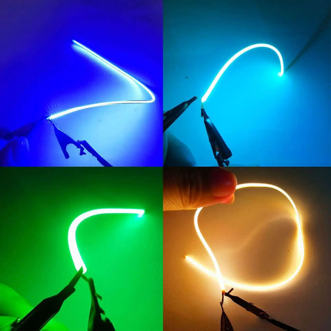 4-Pack Red Flexible LED Filament Strands, 300mm Length, Same-End Terminals For Easy DIY Wiring glowing in multiple colors