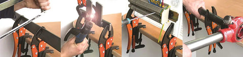 4-Piece Hands-Free Pliers And Grip Holder Set in use for pipe, welding, cutting, and securing various materials on a workbench.