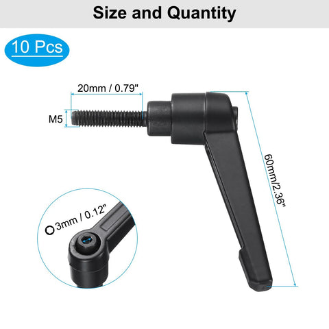 10 Pieces Adjustable Lever Handles M5 20mm Metric Male Thread Level Clamping Hand Stud Knobs Rotating Screw Handles With Locking Lever Black
