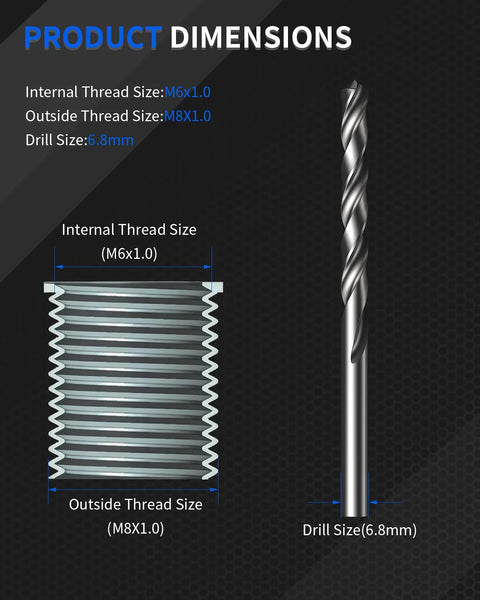 ZOMIYU M6x1.0 thread repair inserts set, 10 pcs, 304 stainless steel; includes 6.8mm drill.